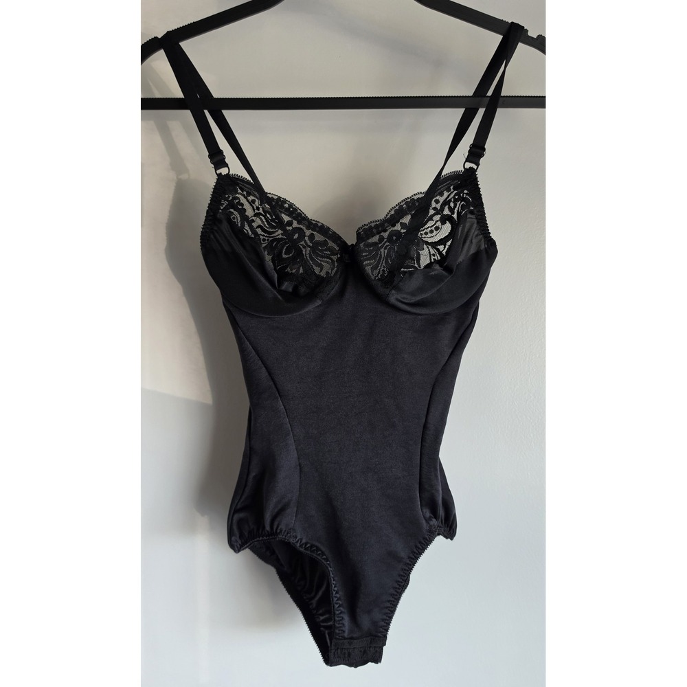 VTG Olga Bodysuit 34B Black Sleeveless Sweetheart Lingerie Shapewear Teddy